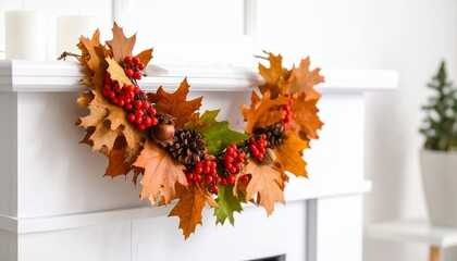 A vibrant autumn wreath made of leaves, berries, and pinecones.