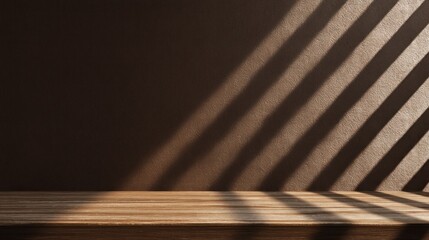 Warm sunlit wooden surface against a brown wall