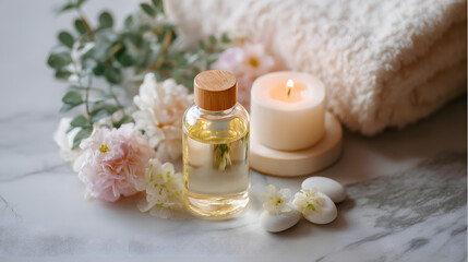 Tranquil Wellness Arrangement Featuring Natural Oil Bottle, Warm Candlelight, Soft Towel, and Delicate Blossoms on Marble.