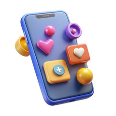 Modern smartphone displaying colorful social media icons and shapes isolated on transparent background