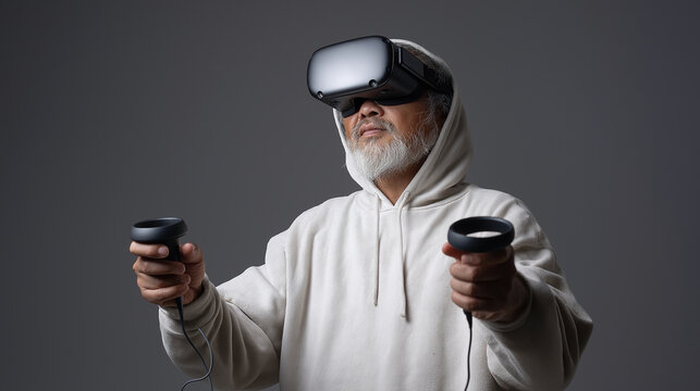 Senior Asian man with gray beard wearing virtual reality headset and holding controllers. He is dressed in a light hoodie, engaged in immersive technology experience.