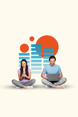 Trend artwork creative sketch 3D photo collage of couple young lady man sit down computer netbook...