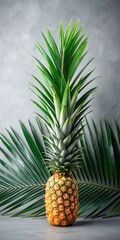 Fototapeta premium pineapple with tropical palm leaves on gray background