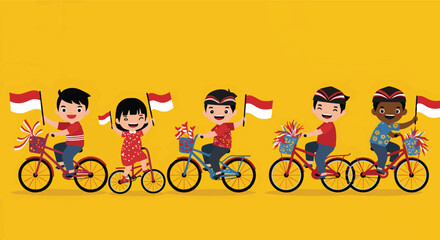 Obraz premium Happy Indonesian Children Riding Decorated Bicycles with Flags
