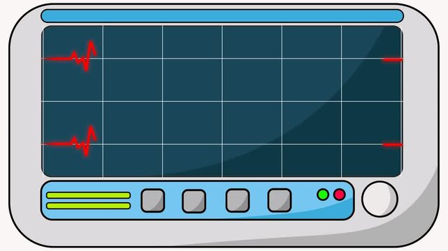 Looping animation of a cartoon EKG monitor showing a heart rate. ECG pulse wave display is perfect for medical, health, and hospital concepts.