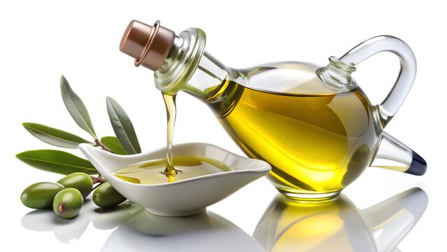 Olive oil being poured from a glass bottle into a small white dish with olives isolated on transparent background