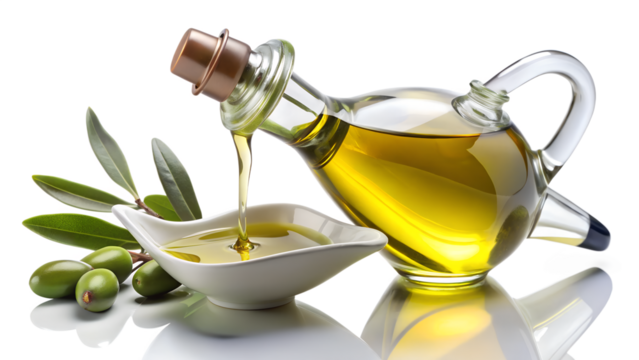 Olive oil being poured from a glass bottle into a small white dish with olives isolated on transparent background