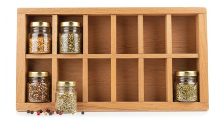 Wooden Spice Storage Box with Glass Jars Filled with Colorful Spices and Herbs in a Minimalist Kitchen Setting