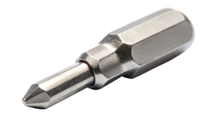 A hexagonal metal screwdriver bit, isolated on a transparent background
