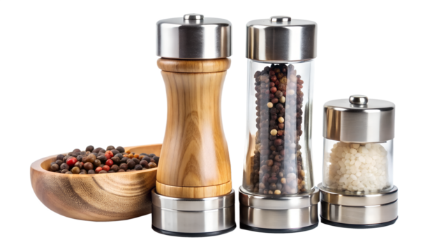 A set of wooden and glass salt and pepper mills with a bowl of peppercorns and a salt shaker, isolated on a transparent background