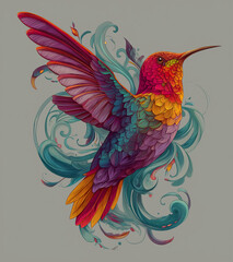 Fototapeta premium The hummingbird is hovering near the red flowers, sipping nectar