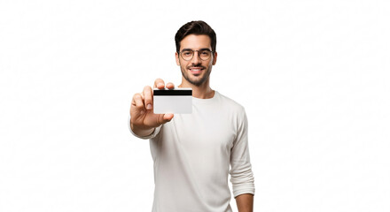 Full length isolated studio portrait of a young man presenting a blank credit card towards the camera.