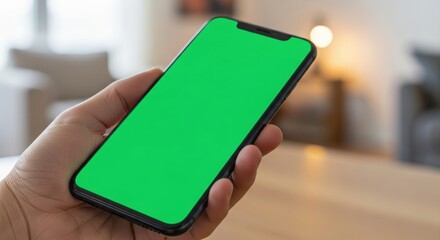 Feminine Hand Holding a Smartphone with Green Screen Mock Up Display. Hand holding a smartphone with a blank green screen in a cozy indoor setting.