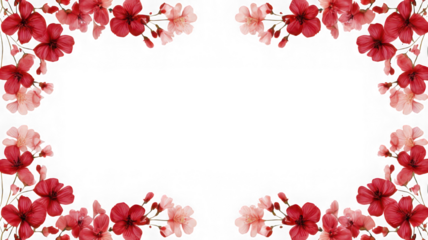 Floral frame with pink and red flowers isolated on transparent background