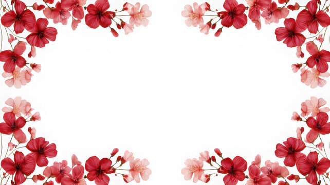 Floral frame with pink and red flowers isolated on transparent background
