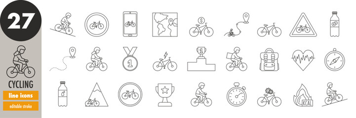 Cycling, biking - editable stroke thin line icons set. Bicycle, bike, cyclist, bike route, e-bike, biking app, map, competition, mountain biking, reward, sport, vector illustration