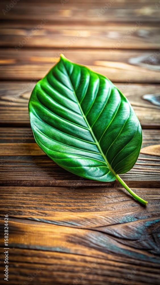 Canvas Prints a single large green leaf lying on a wooden surface with soft focus