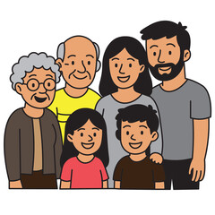 Vector illustration of happy multigenerational family with grandparents, parents, and children. Smiling faces represent strong family bonds, harmony, and togetherness. Ideal for family-themed projects