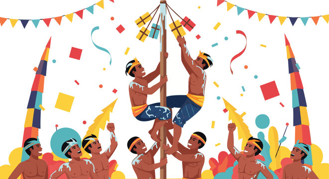 Indonesian men playing panjat pinang traditional game together