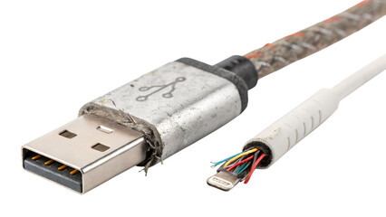 A damaged usb cable with exposed wires and a frayed connector, isolated on a transparent background