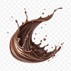 realistic 3d chocolate fluid splash flow with drops, bubbles  in curve style isolated on transparent background