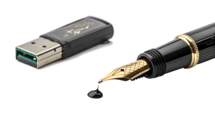 A classic fountain pen with a drop of ink next to a modern usb flash drive, symbolizing the blend of old and new technology isolated on transparent background