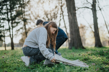 Two young girls set up a picnic on a grassy field in a peaceful wooded area, fostering teamwork and...