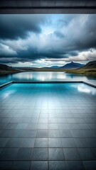 Obraz premium Dark room with tile floor and a serene blue lake in the background of Iceland's stunning landscape