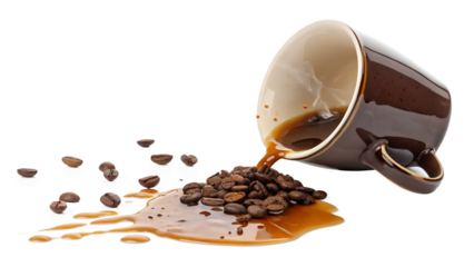 A dark brown ceramic mug spilling hot coffee and roasted beans, isolated on a transparent background