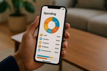 Person reviews monthly spending categories on a smartphone app, showcasing a breakdown of expenses in a colorful pie chart