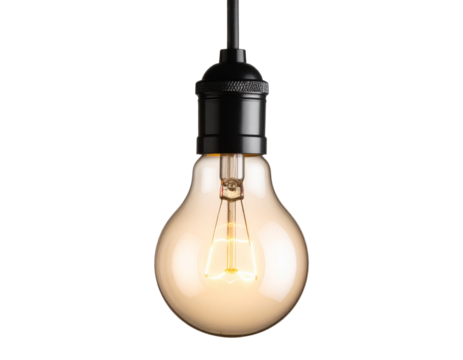 Hanging Light Bulb with Silver Base and Glowing Filament, Front-Facing Top-Down Cord, Isolated