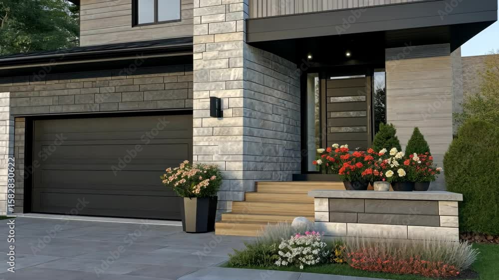 Poster discover a beautifully designed entryway that combines modern architecture with vibrant landscaping,