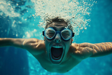 Naklejka premium Energetic swimmer is beautifully captured underwater. Generative AI