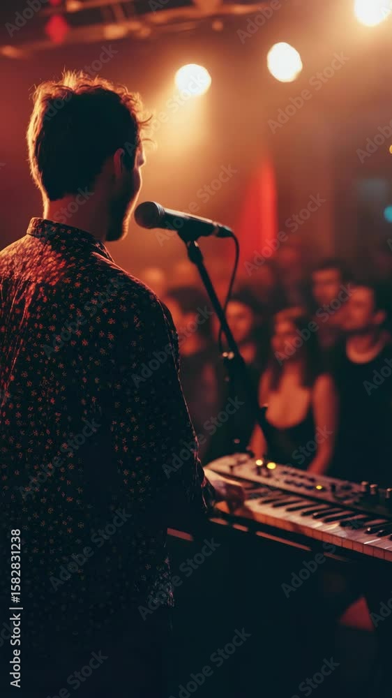 Poster man with microphone singing into it while standing at the stage in front of a crowd, live music perf