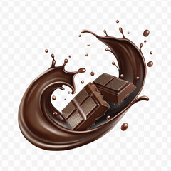 realistic 3d chocolate fluid splash flow with drops, bubbles  in curve style isolated on transparent background