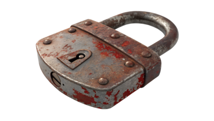 A heavily rusted and weathered padlock, symbolizing old security and the passage of time isolated on transparent background