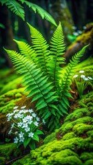 Vibrant green tropical ferns with delicate white flowers on a mossy forest floor