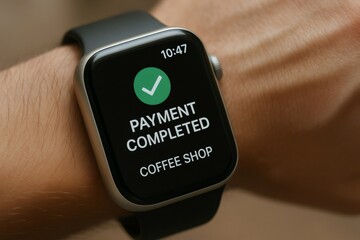 Smartwatch screen shows a payment completed message for a coffee shop, highlighting the convenience of wearable technology in modern transactions