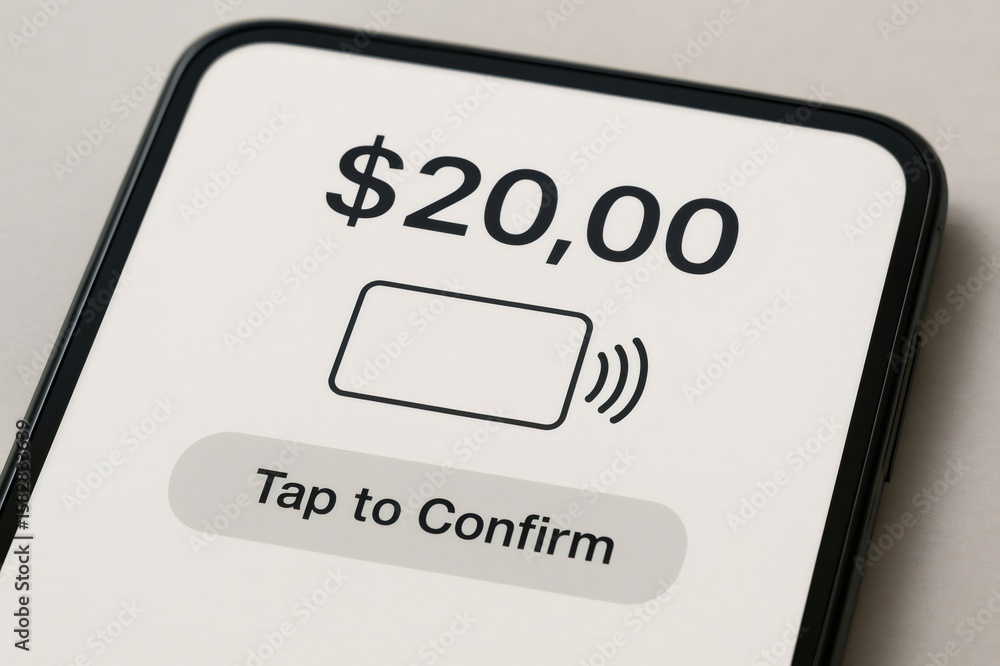 Poster close up of a sleek digital payment interface displaying a 20.00 transaction with a tap to confirm f