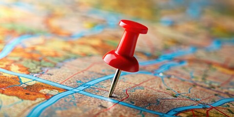 A small round red pushpin with a sharp point is placed on a map or a surface