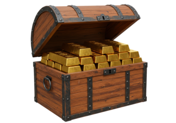 Isolated Wooden Treasure Chest Filled with Gold Bars