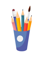 Plastic Glass with pencils, paintbrush, crayons illustration. Flat design, vector cartoon icon isolated on white background. Pencil holder, desk organizer