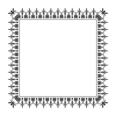 Border frame deco vector label simple line corner. Illustration of floral frame with vignetted corners in black on white background. Border frame deco empty calligraphic design. In Greek style