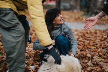 A young woman kneeling in a park during autumn, enjoying interaction with others and surrounded by...