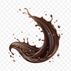 realistic 3d chocolate fluid splash flow with drops, bubbles  in curve style isolated on transparent background