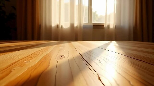Warm sunlight streams across a polished wooden floor, creating a bright, inviting atmosphere in a cozy, modern interior.