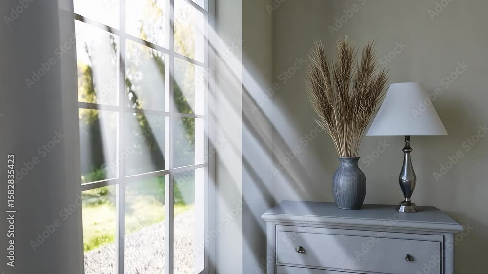 Poster sunlight streams through a window, casting warm rays in a peaceful living space featuring decorative