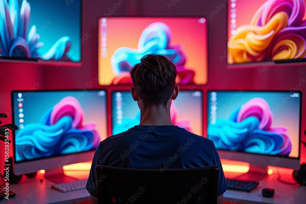 Aufkleber graphic designer immersed in vibrant and abstract digital artwork on floating computer screens