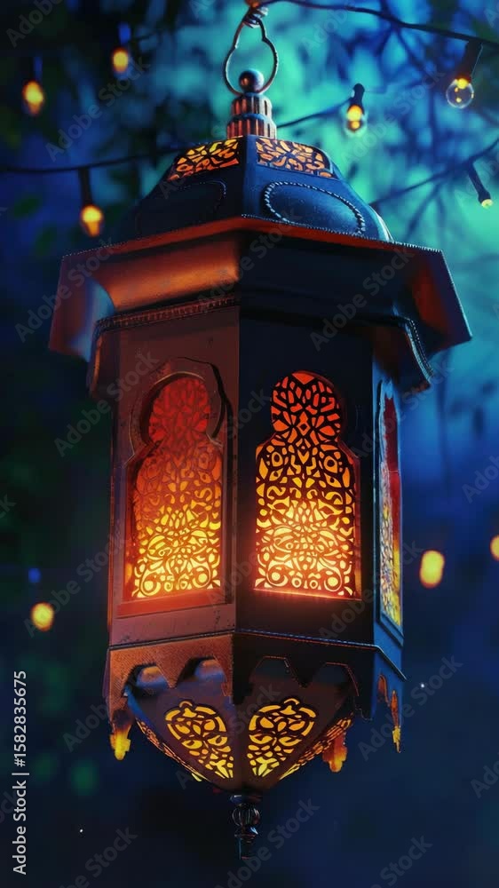 Poster a beautiful lantern with a warm yellow light is hanging from a tree. the lantern is suspended from a
