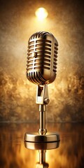 A vintage golden microphone sits on a beige background with a soft warm glow emanating from it